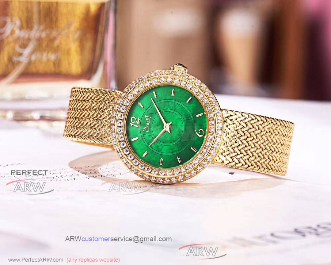 Perfect Replica Piaget All Gold Case  Green Mother Of Pearl Dial 34 MM Ladies Quartz Watch